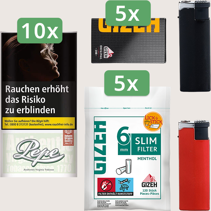 Pepe Fine Green 10 x 30 g Sparpaket mit 500 Gizeh Black Original Magnet Blättchen und 600 Gizeh Slim Filter Menthol