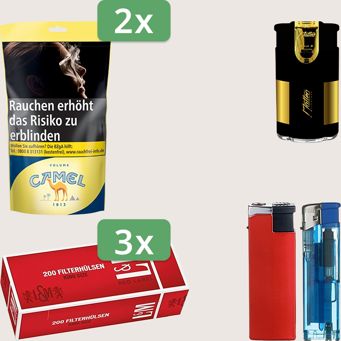 Camel Yellow 2 x 102 g Sparpaket mit 600 L&M Red Label Hülsen und Feuerzeugset