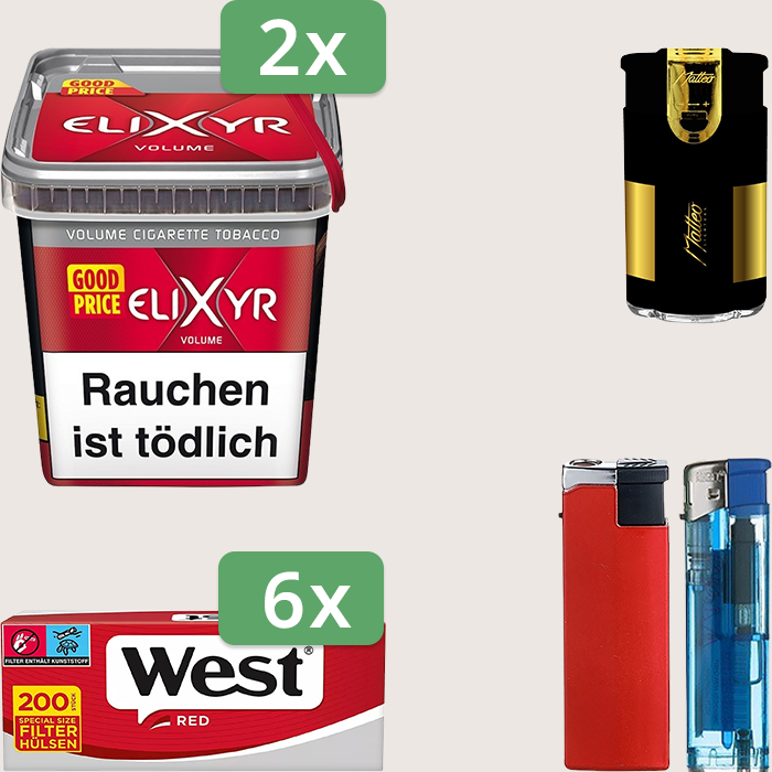 Elixyr Red 2 x 245 g Sparpaket mit 1.200 West Red Hülsen und Feuerzeugset