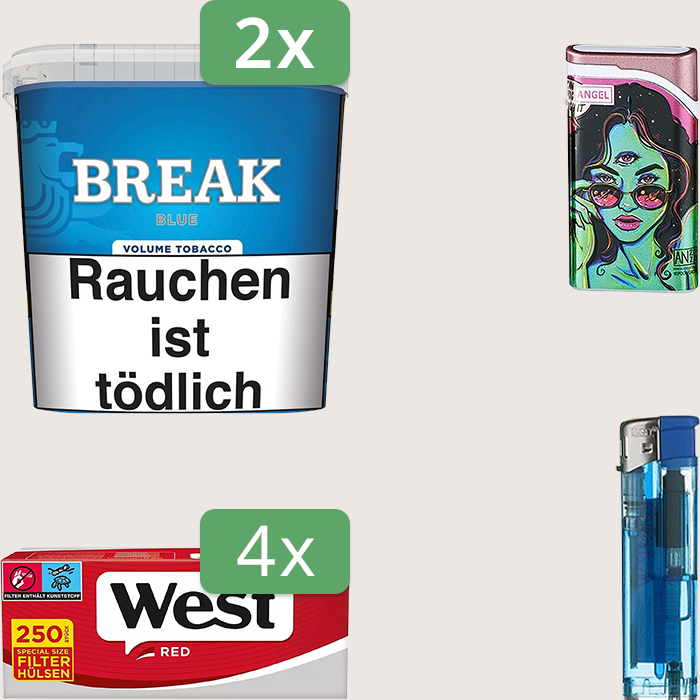 Break Blue 2 x 215 g mit West Red Special Size 250er Hülsen und Sturmfeuerzeug