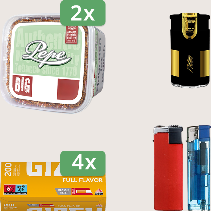 Pepe Bright Green 2 x 170 g Sparpaket mit 800 Gizeh Full Flavor Hülsen und Feuerzeugset