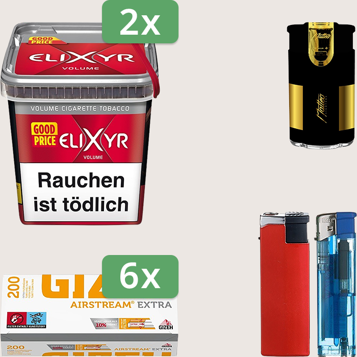 Elixyr Red 2 x 260 g Sparpaket mit 1.200 Gizeh Airstream Extra Hülsen und Feuerzeugset