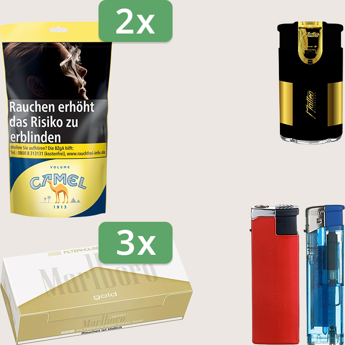 Camel Yellow 2 x 102 g Sparpaket mit 600 Marlboro Gold Hülsen und Feuerzeugset