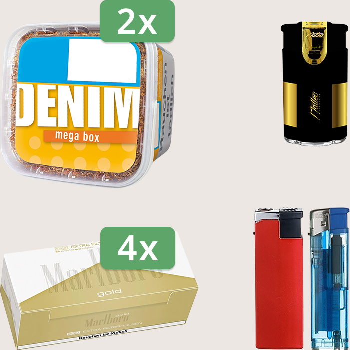 Denim Classic 2 x 240 g mit 1.000 Marlboro Gold Extra Hülsen und Elektrofeuerzeug