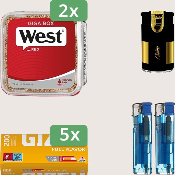 West Red 2 x 265 g Sparpaket mit 1.000 Gizeh Full Flavor Hülsen und Feuerzeugset