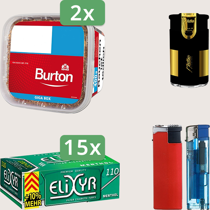 Burton Full Red 2 x 400 g Sparpaket mit 1.650 Elixyr Energy+ Menthol Hülsen und Feuerzeugset