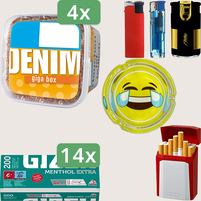 Denim Classic 4 x 315 g Sparpaket mit 2.800 Gizeh Menthol Extra Hülsen, Aschenbecher und Gizeh Flip Case