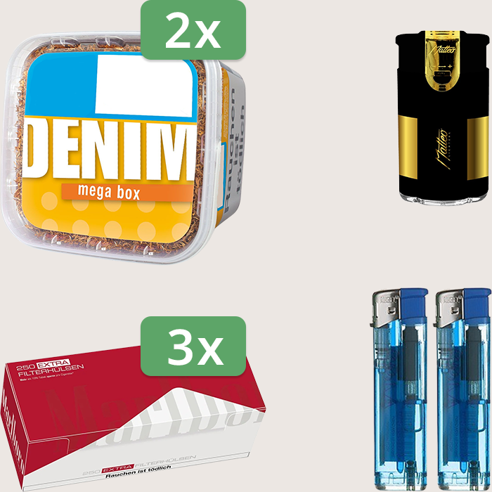 Denim Classic 2 x 210 g Sparpaket mit 750 Marlboro Red Extra Hülsen und Feuerzeugset