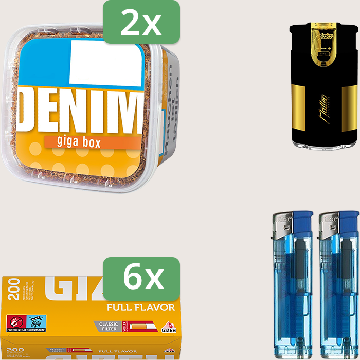 Denim Classic 2 x 315 g Sparpaket mit 1.200 Gizeh Full Flavor Hülsen und Feuerzeugset