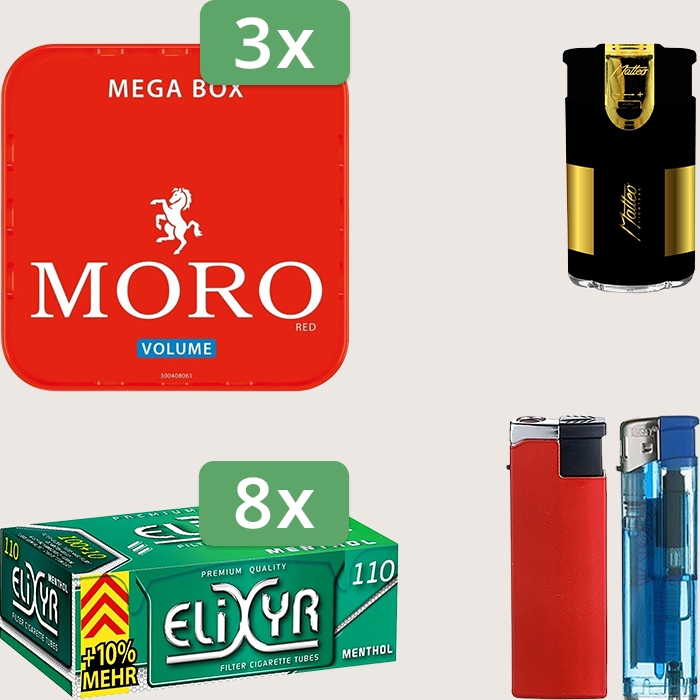 Moro Red 3 x 155 g Sparpaket mit 880 Energy+ Hülsen und Feuerzeugset