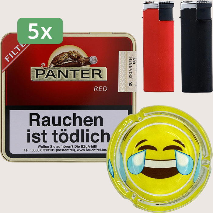 Panter Red Filter 5 x 5,61 € Sparpaket mit 100 Zigarillos, Aschenbecher und Feuerzeugset Panter Red Filter 5 x 5,61 € Sparpaket mit 100 Zigarillos, Aschenbecher und Feuerzeugset