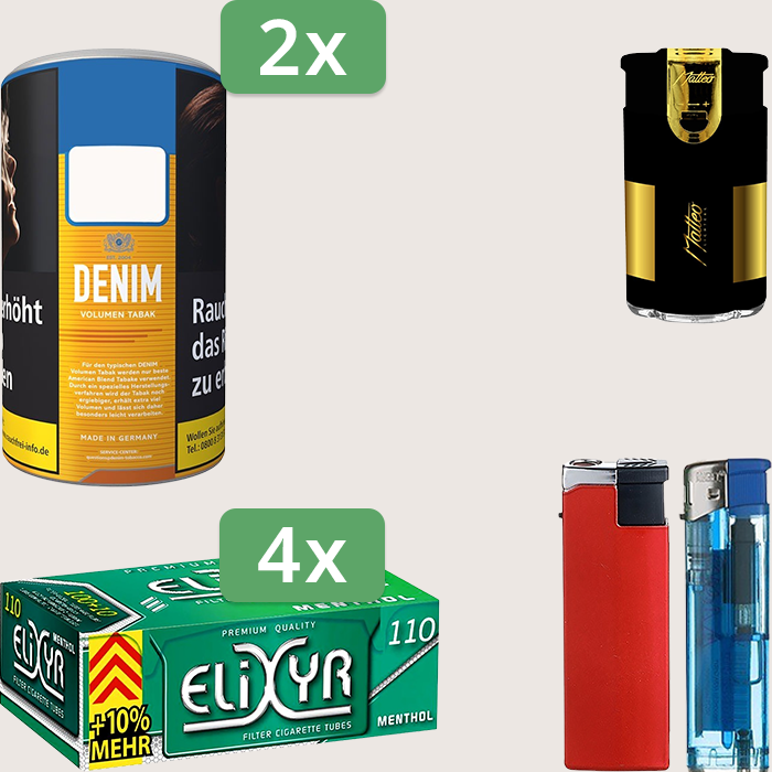 Denim Classic 2 x 90 g mit 440 Energy+ Menthol Hülsen und Feuerzeugset