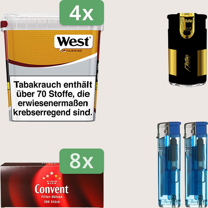 West Yellow 4 x 245 g Sparpaket mit 1.600 Convent Hülsen und Feuerzeugset