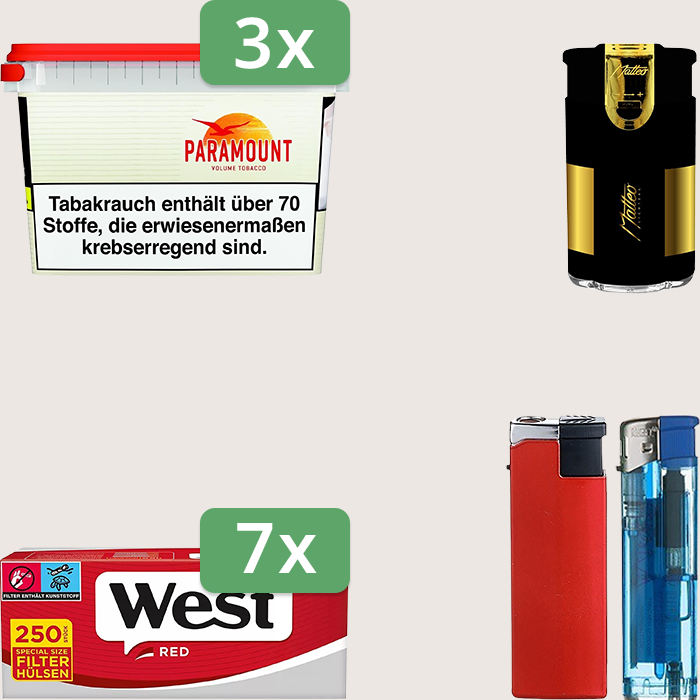 Paramount 3 x 230 g Sparpaket mit 1.750 West Red Special Hülsen und Feuerzeugset