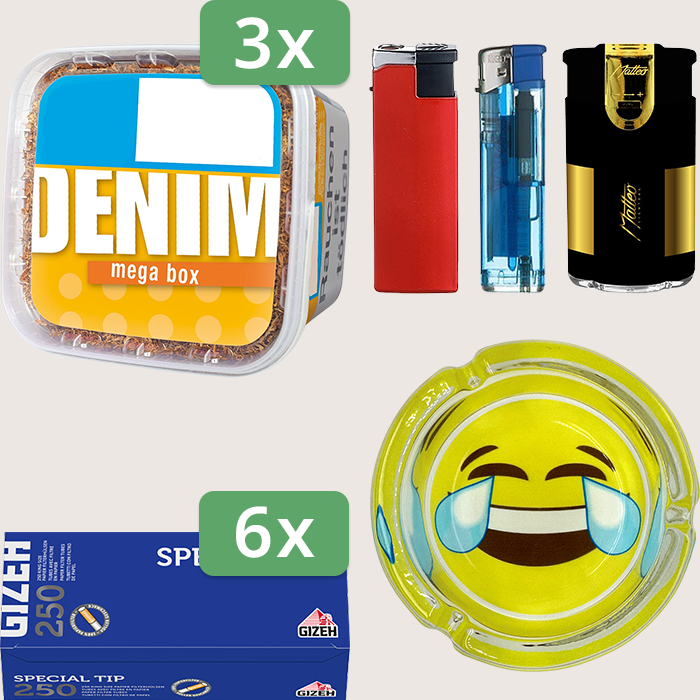 Denim Classic 3 x 210 g Sparpaket mit 1.500 Gizeh Special Tip Hülsen und Aschenbecher