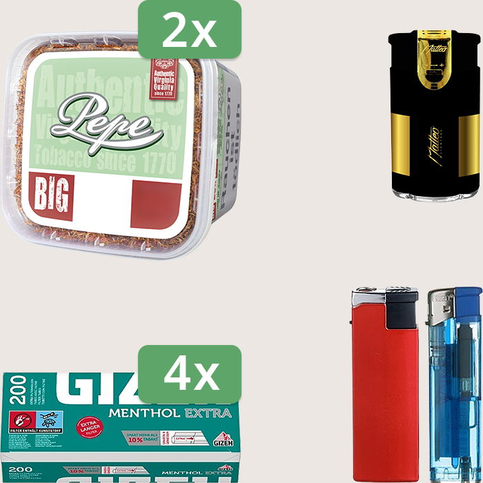 Pepe Bright Green 2 x 170 g Sparpaket mit 800 Gizeh Menthol Extra Hülsen und Feuerzeugset