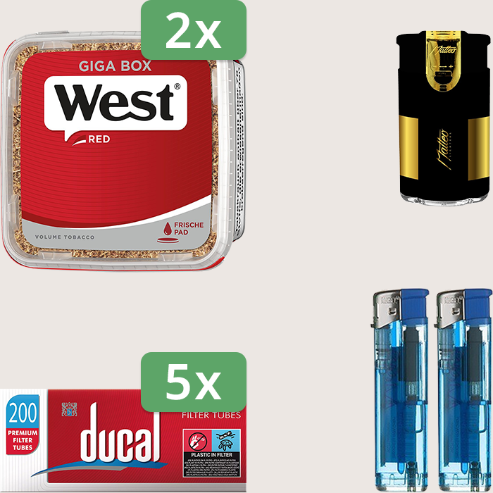 West Red 2 x 265 g Sparpaket mit 1.000 Ducal Hülsen und Feuerzeugset