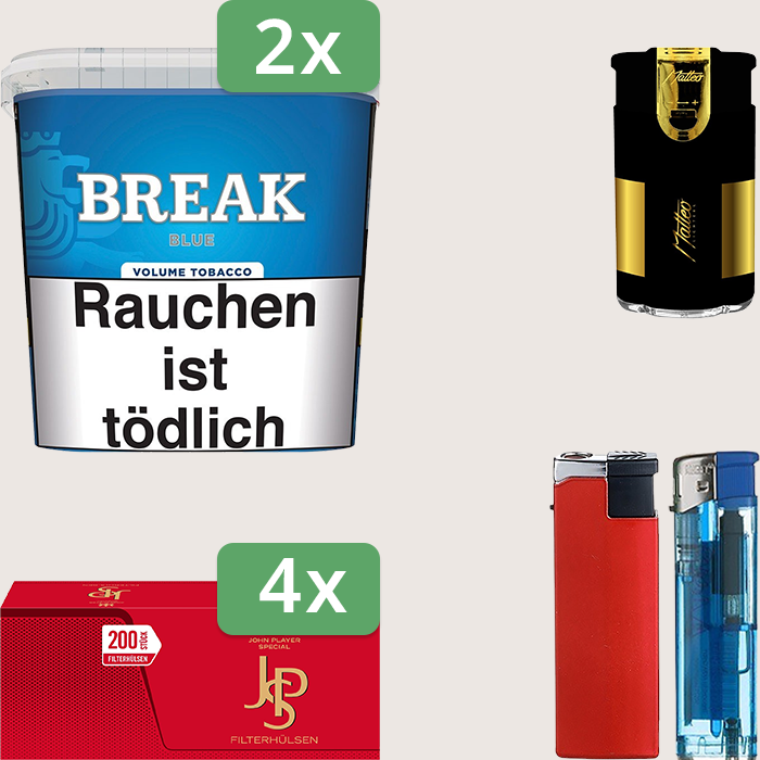 Break Blue 2 x 195 g Sparpaket mit 800 JPS Red Hülsen und Feuerzeugset