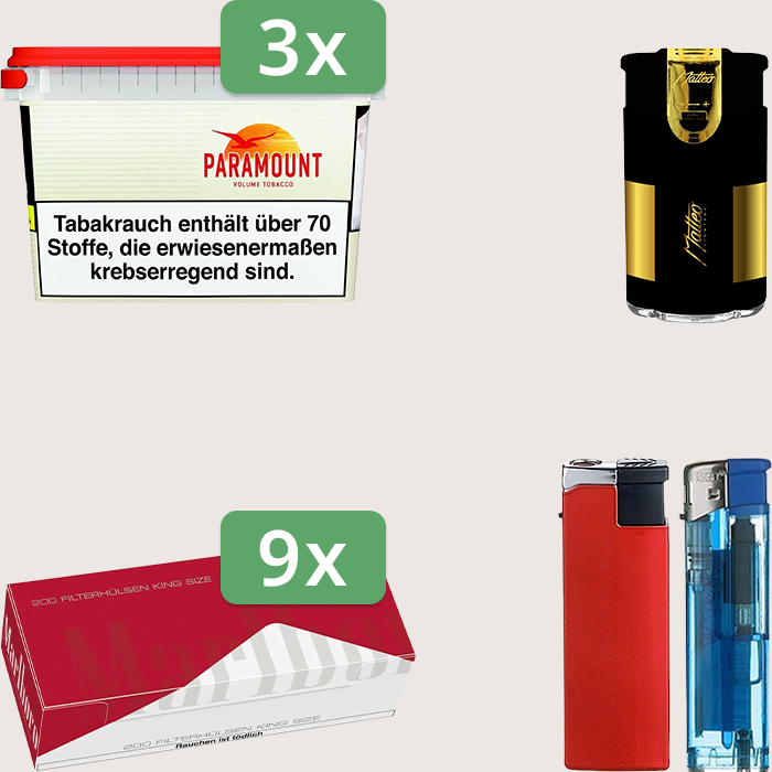 Paramount 3 x 230 g Sparpaket mit 1.800 Marlboro Red Hülsen und Feuerzeugset