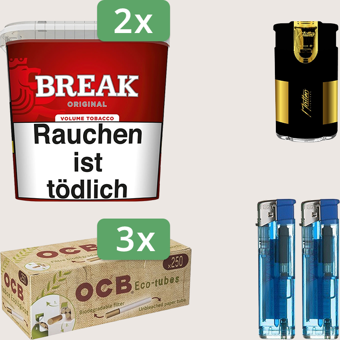 Break Original 2 x 185 g Sparpaket mit 750 OCB Organic Hülsen und Feuerzeugset