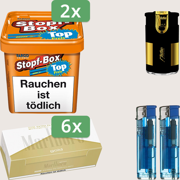 Fargo Stopfbox 2 x 400 g Sparpaket mit 1.500 Marlboro Gold Extra Hülsen und Feuerzeugset