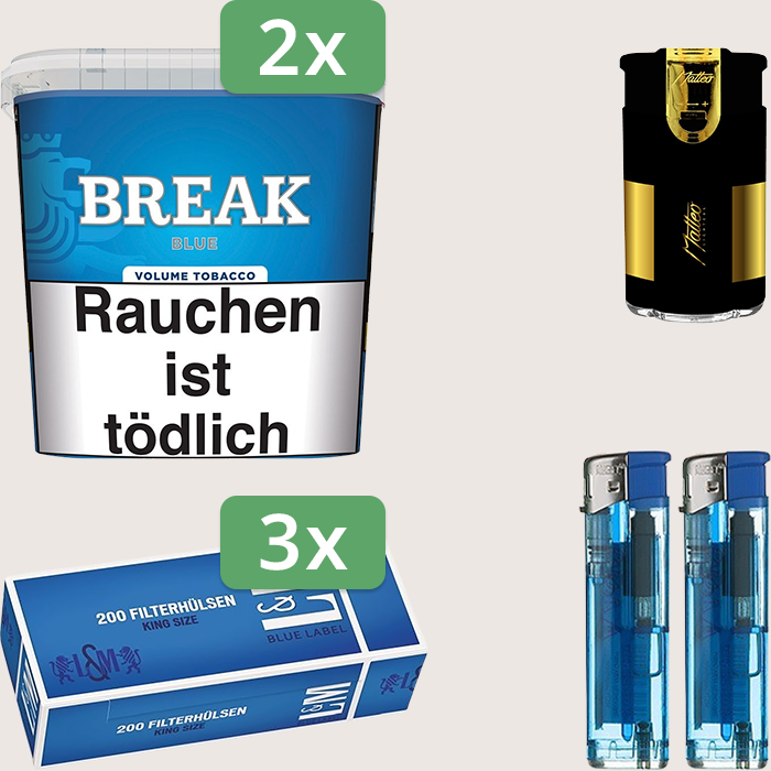 Break Blue 2 x 185 g Sparpaket mit 600 L&M Blue Label Hülsen und Feuerzeugset
