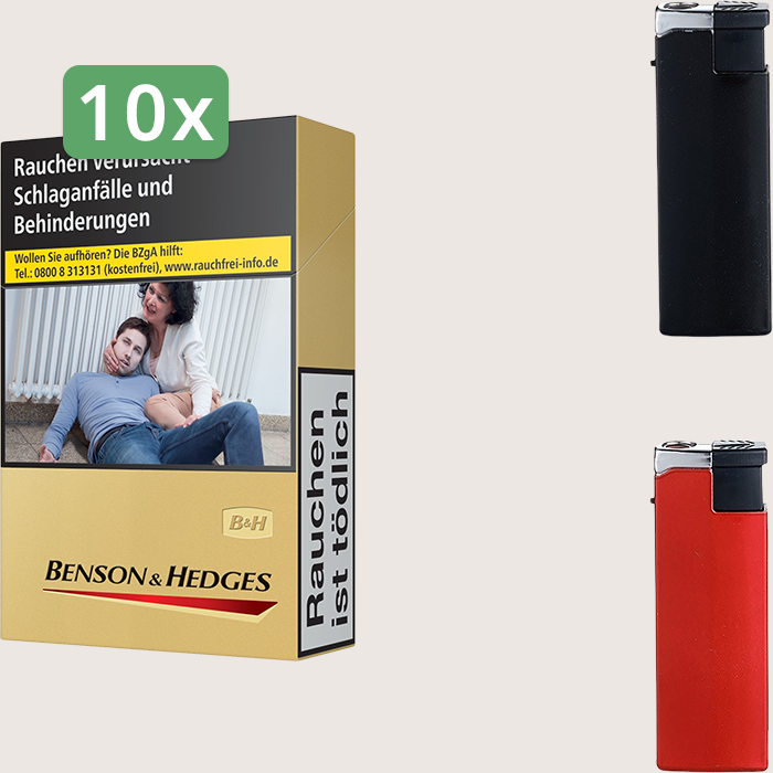 Benson & Hedges Gold 10 x 10,00 € Sparpaket mit 200 Zigaretten und Feuerzeugset Benson & Hedges Gold 10 x 10,00 € Sparpaket mit 200 Zigaretten und Feuerzeugset