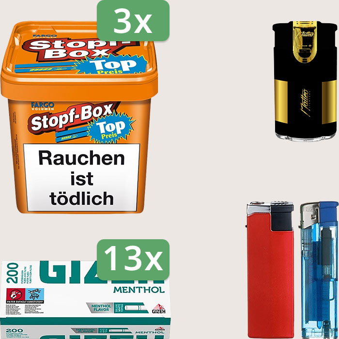 Fargo Stopfbox 3 x 400 g Sparpaket mit 2.600 Gizeh Menthol Hülsen und Feuerzeugset