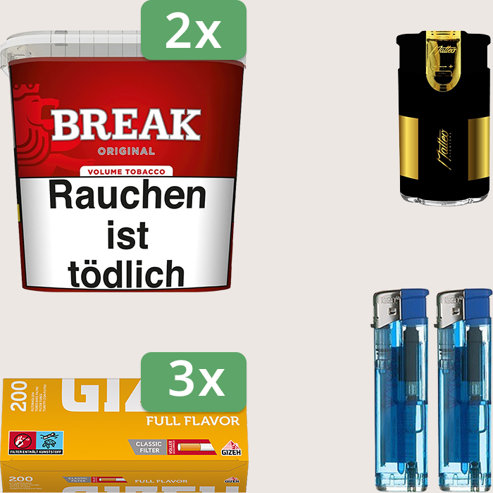 Break Original 2 x 185 g Sparpaket mit 600 Gizeh Full Flavor Hülsen und Feuerzeugset Break Original 2 x 185 g Sparpaket mit 600 Gizeh Full Flavor Hülsen und Feuerzeugset