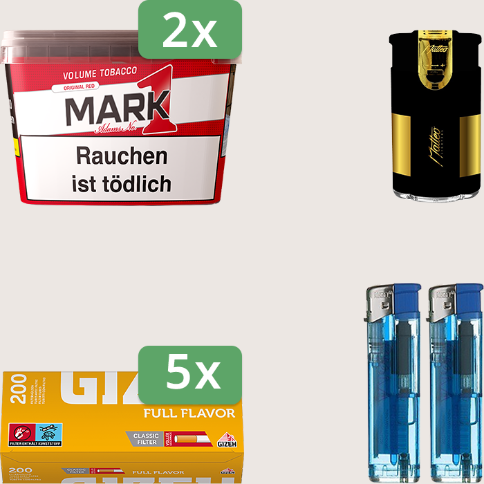 Mark 1 Original Red 2 x 255 g Sparpaket mit 1.000 Gizeh Full Flavor Hülsen und Feuerzeugset
