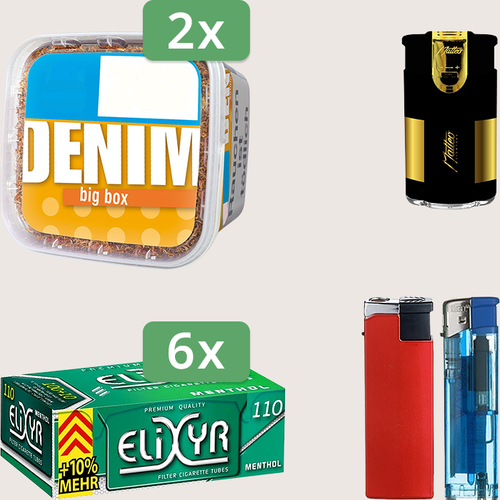 Denim Classic 2 x 160 g mit 660 Elixyr Energy+ Menthol Hülsen und Feuerzeugset