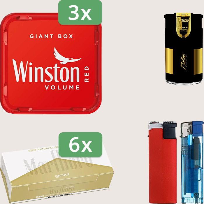 Winston Red 3 x 195 g Sparpaket mit 1.200 Marlboro Gold Hülsen und Feuerzeugset Winston Red 3 x 195 g Sparpaket mit 1.200 Marlboro Gold Hülsen und Feuerzeugset