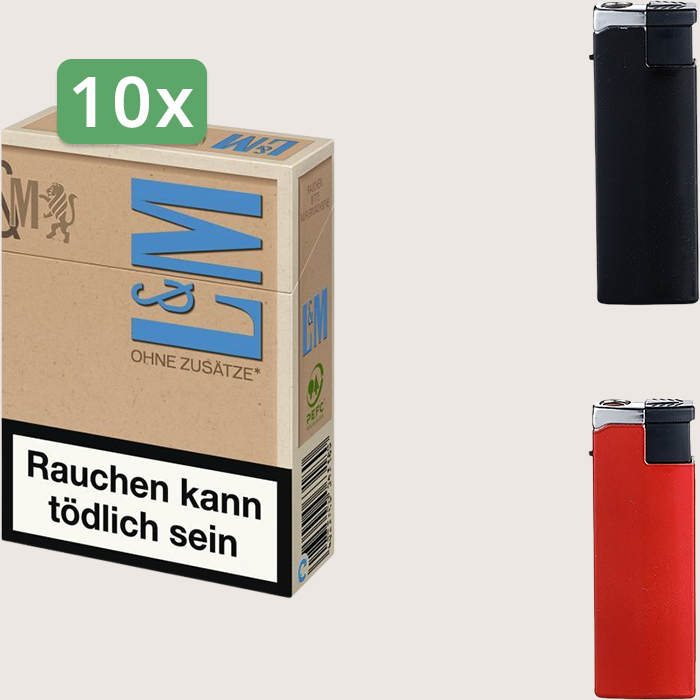 L&M Simply Blue 10 x 9,00 € Sparpaket mit 200 Zigaretten und Feuerzeugset