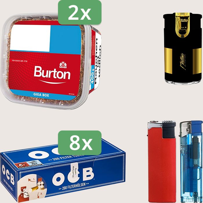 Burton Full Red 2 x 400 g Sparpaket mit 1.600 OCB Hülsen und Feuerzeugset