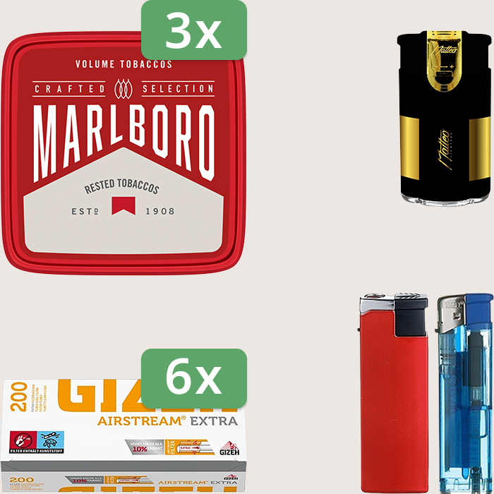 Marlboro Crafted 3 x 230 g Sparpaket mit 1.200 Gizeh Airstream Extra Hülsen und Feuerzeugset