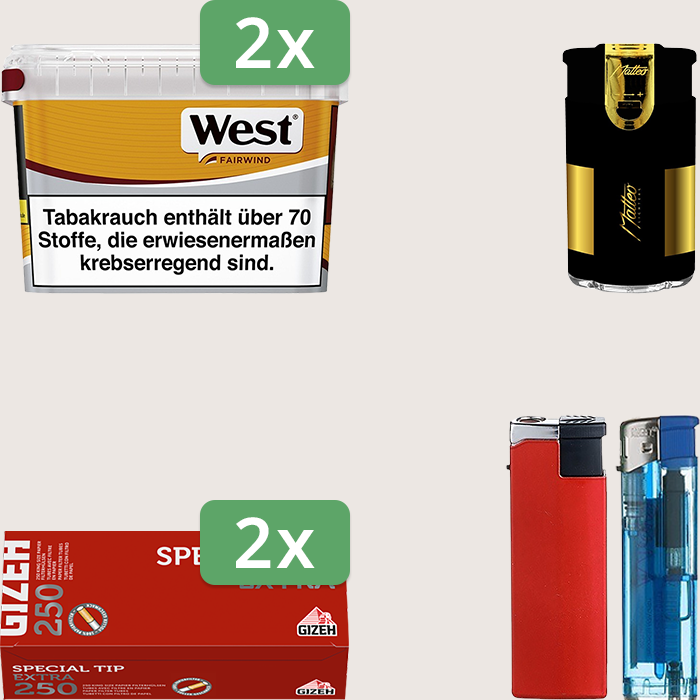 West Yellow 2 x 115 g Sparpaket mit 500 Gizeh Special Tip Extra Hülsen und Feuerzeugset