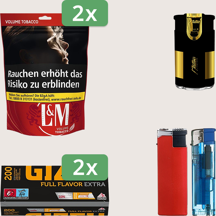 L&M Red 2 x 85 g Sparpaket mit 400 Gizeh Full Flavor Extra Hülsen und Feuerzeugset