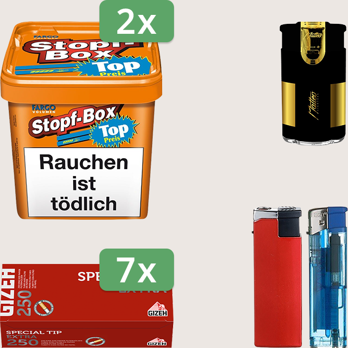 Fargo Stopfbox 2 x 420 g Sparpaket 1.750 Gizeh Special Tip Extra Hülsen und Feuerzeugset