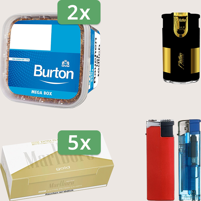 Burton Blue 2 x 290 g mit 1.250 Marlboro Gold Extra Hülsen und Elektrofeuerzeug