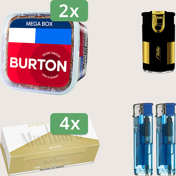 Burton Full Red 2 x 270 g mit 1.000 Marlboro Gold Extra Hülsen und Elektrofeuerzeug