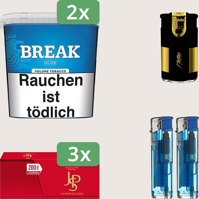 Break Blue 2 x 185 g Sparpaket mit 600 JPS Red Hülsen und Feuerzeugset
