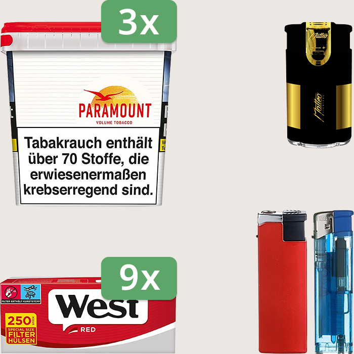 Paramount 3 x 315 g Sparpaket mit 2.250 West Red Special Hülsen und Feuerzeugset
