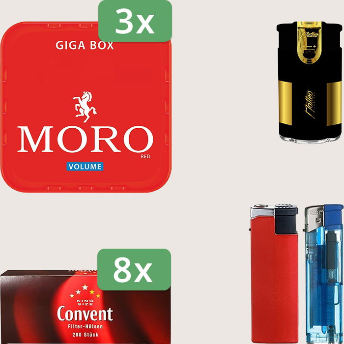 Moro Red 3 x 245 g Sparpaket mit 1.600 Convent Hülsen und Feuerzeugset
