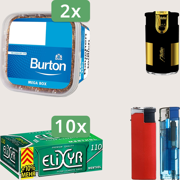 Burton Blue 2 x 270 g Sparpaket mit 1.100 Elixyr Energy+ Menthol Hülsen und Feuerzeugset