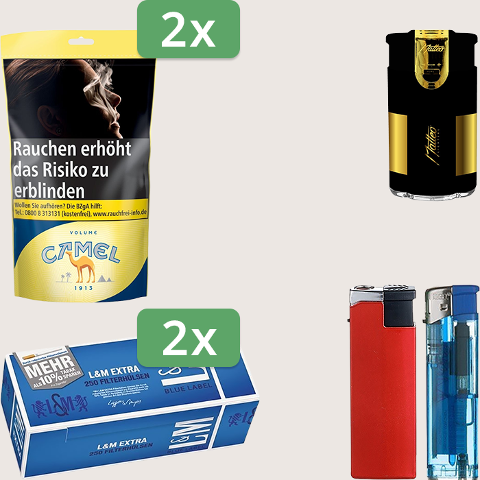 Camel Yellow 2 x 102 g Sparpaket mit 500 L&M Extra Blue Label Hülsen und Feuerzeugset
