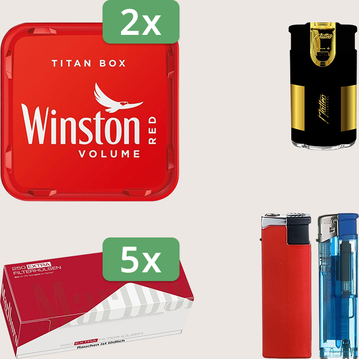 Winston Red 2 x 270 g Sparpaket mit 1.250 Marlboro Red Extra Hülsen und Feuerzeugset