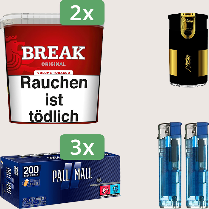Break Original 2 x 185 g Sparpaket mit 600 Pall Mall Blue Xtra Hülsen und Feuerzeugset