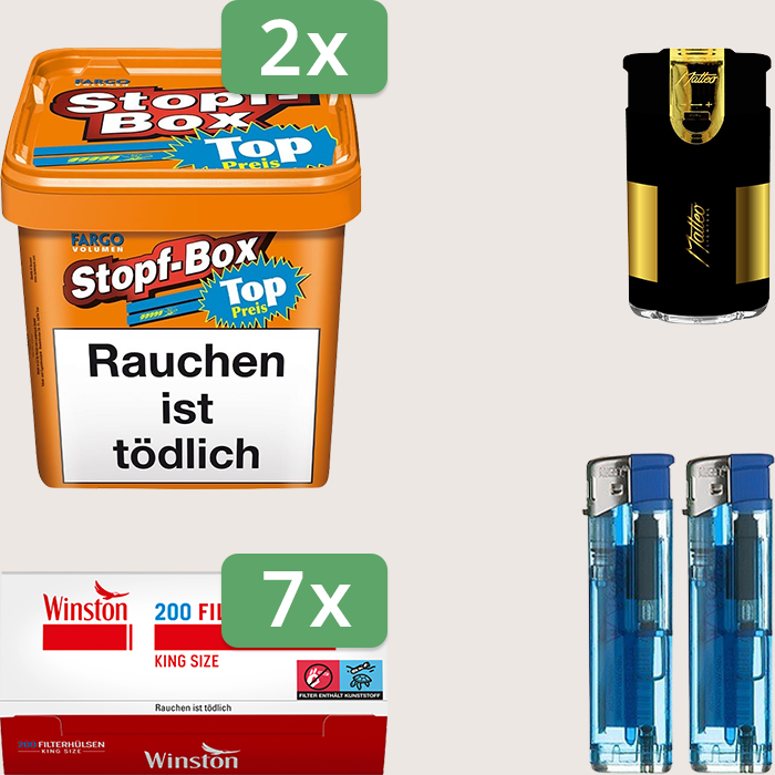 Fargo Stopfbox 2 x 400 g Sparpaket mit 1.400 Winston Hülsen und Feuerzeugset