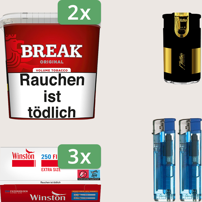 Break Original 2 x 185 g Sparpaket mit 750 Winston Extra Hülsen und Feuerzeugset