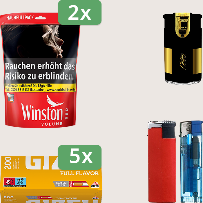 Winston Red 2 x 205 g Sparpaket mit 1.000 Gizeh Full Flavor Hülsen und Feuerzeugset